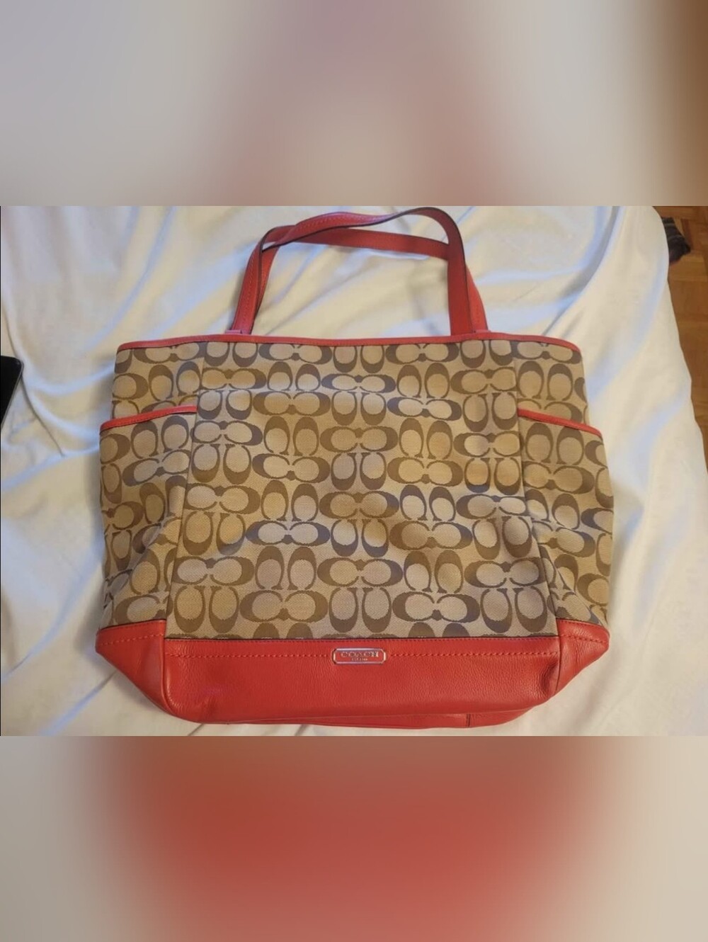 Coach Beige Signature Canvas Tote with Coral Trim